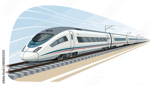 Modern high-speed train traveling on tracks at full speed