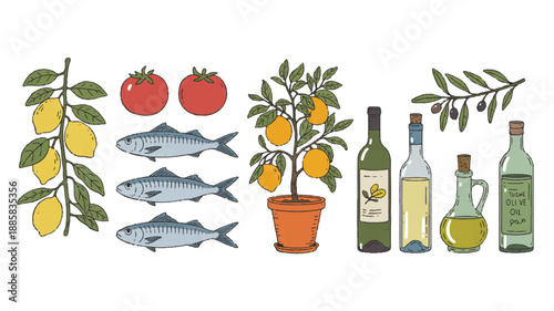 A hand-drawn illustration of Mediterranean and Italian food elements arranged in a horizontal composition against a white background (4)_traced
