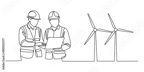 Continuous line drawing of two engineers working on a wind energy project illustration Vector, illustration