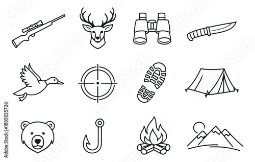 Hand drawn line art hunting and camping icons set featuring wildlife, weapons, gear, and nature elements for outdoor adventures