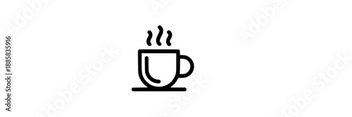 Simple black outline icon of a steaming cup with a curved handle and curved steam lines rising from the top