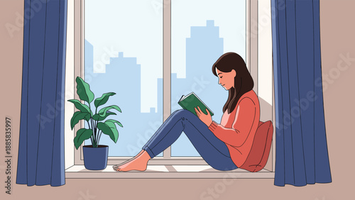 Young woman relaxing on a comfortable window seat while reading an interesting book with a scenic urban city skyline view in the background.