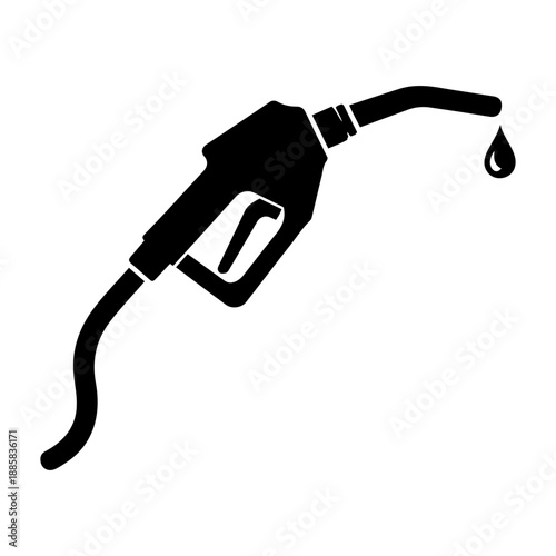 Black silhouette of a fuel pump nozzle with a single drop of gasoline