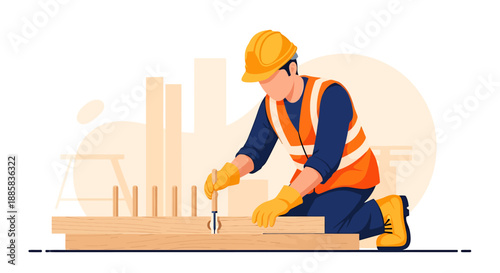 Construction worker measuring wood planks with a tape measure.