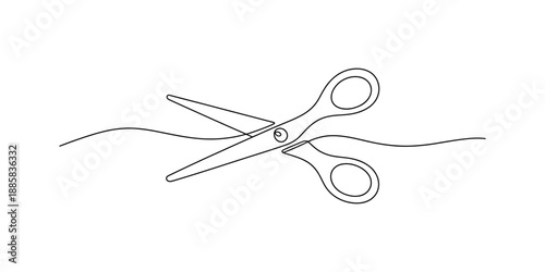 A single line drawing of scissors cutting through a wavy line on a white background Vector, illustration
