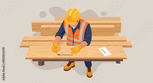 Construction worker sitting on wooden planks with tools.