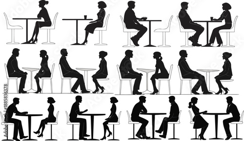 Vector Set of Detailed People Sitting Silhouettes in Various Seated Poses