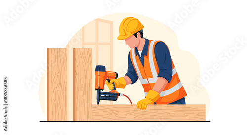 Construction worker using a nail gun on wooden beams.