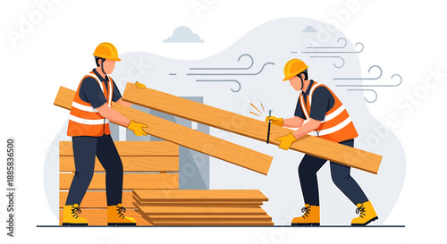Construction workers carrying wooden planks on a building site.