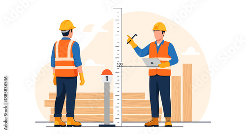 Construction workers measuring height with tools and equipment.