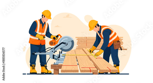Construction workers operating a chop saw and measuring wood planks.