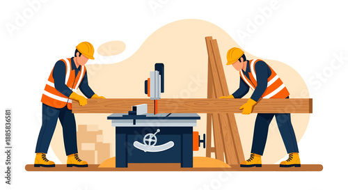 Two Carpenters Working Together With Wood and Saw Machine.