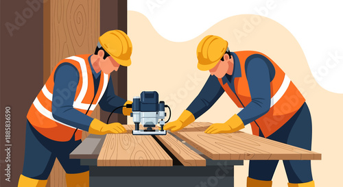Two Carpenters Working Together Using Power Router Tool.