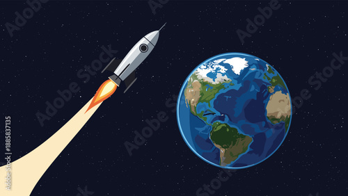 Powerful space rocket launching into the dark starry sky from planet Earth with a bright trail of exhaust flame during an interstellar mission.