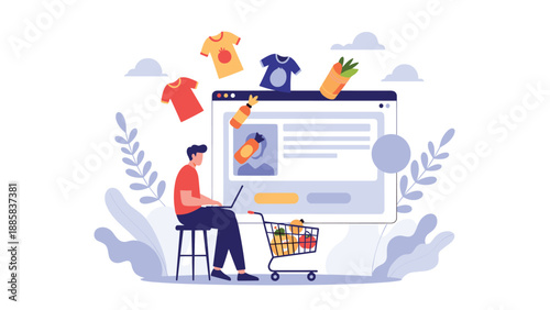 Young man using his laptop to shop for groceries online with various floating items and a shopping cart symbolizing a digital marketplace.