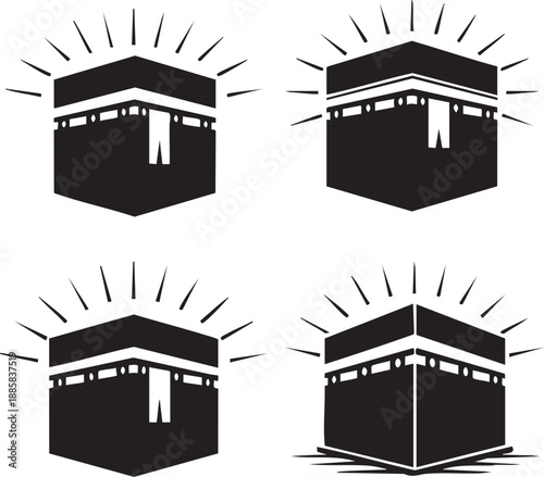 Illustrations of the kaaba in mecca with radiating light bursts