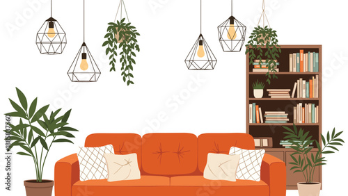 Cozy home interior with a comfortable orange couch, various potted plants, bookshelves filled with literature, and stylish hanging light bulbs.