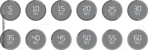 A graphic illustration of twelve circular digital countdown timers displaying various second intervals up to sixty.