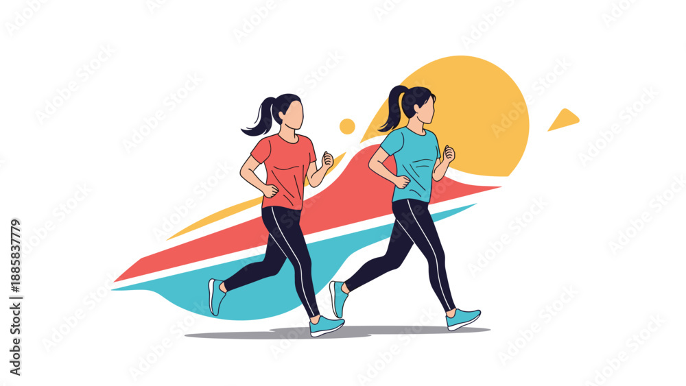 Obraz premium Two active women jogging together for exercise against a vibrant and abstract background during their morning run to stay fit and healthy.