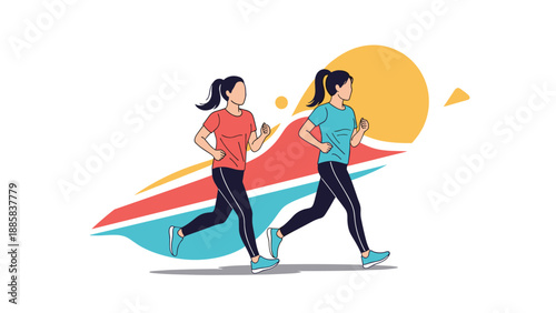 Two active women jogging together for exercise against a vibrant and abstract background during their morning run to stay fit and healthy.