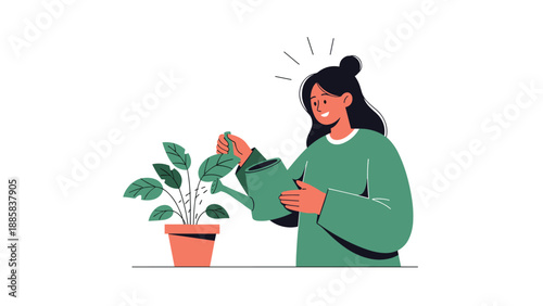 Smiling young woman taking care of her indoor plants by watering a potted houseplant with a green watering can in a bright home setting.