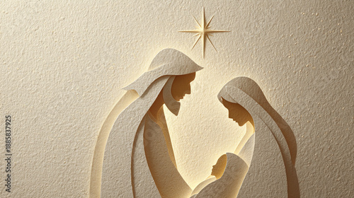 Peaceful Holy Family silhouette art in ivory & gold tones, soft flat shapes w/ warm glow from a star above, minimal design, soft light paper texture background, sacred modern wall art style