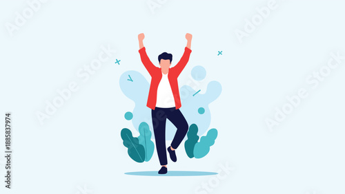 Joyful young man celebrating a great achievement with his arms raised high in the air against a bright and colorful abstract background.