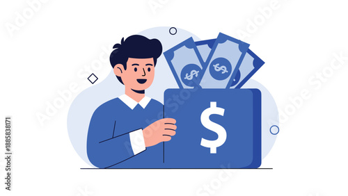 Happy young man holding a large blue wallet overflowing with dollar bills to represent financial success, wealth, or savings growth.