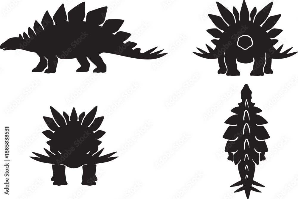 Φωτογραφία Stegosaurus Dinosaur Black Silhouette Vector Set: Paleozoic Prehistoric Reptile Collection with Four Different Views (Side, Front, Rear, Top) Ideal for Educational Material and Jurassic Park Themes