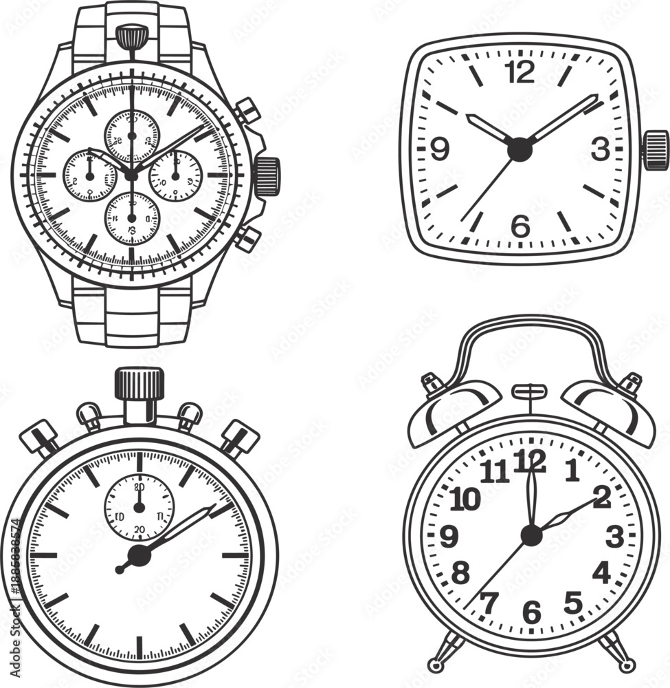 Φωτογραφία Set of vintage hand drawn clock and watch sketches, classic wristwatch and alarm
