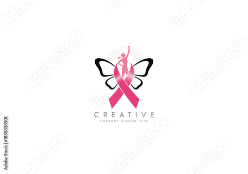 Breast Cancer Awareness Women  with Pink Ribbons logo vector design