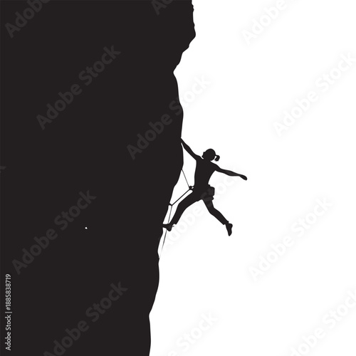 Silhouette of a person rock climbing on a cliff with ropes outdoor