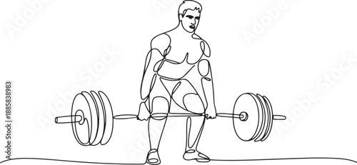 One continuous line drawing of young bodybuilder man doing exercise with a heavy weight bar in gym. Powerlifter train weightlifting concept. one line Icon drawing