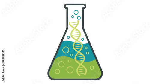 A minimalist vector illustration of a conical laboratory beaker filled with two distinct liquid colors - turquoise blue and lime green - separated by a curved interface (1)_traced