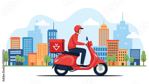 Efficient delivery man riding a red motor scooter through a modern city with tall buildings to deliver a package to a customer's location.
