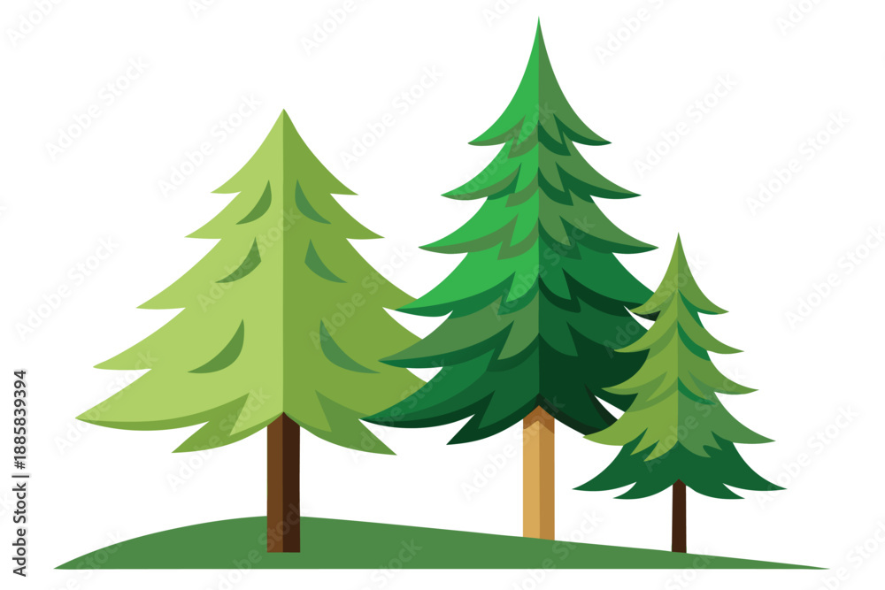 Fototapeta premium Three stylized pine trees stand gracefully on a gentle green hill under bright light