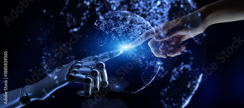 Human and Robotic Hand Connection Symbolizing Digital Transformation and AI Collaboration 3d render.