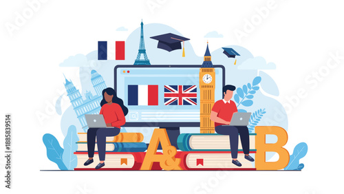 International students sitting on stacks of books while studying and learning different languages on their laptops with global icons.