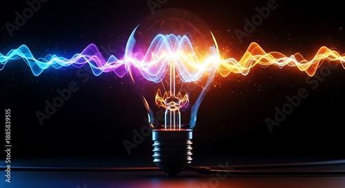 A glowing lightbulb with vibrant energy waves and a whisk symbol inside emitting colorful light waves