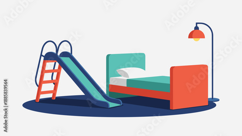 Modern children's bedroom design featuring a comfortable bed and a playful indoor blue slide on a dark circular rug for fun.