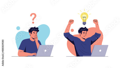 Side by side comparison of a man feeling confused at his laptop and then celebrating with a bright light bulb idea in his mind.