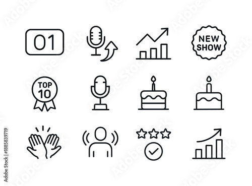 Podcast Icon Set. The rise of podcasts and their cultural impact ? Podcast Milestones. Line icon set of The rise of podcasts and their cultural impact ?