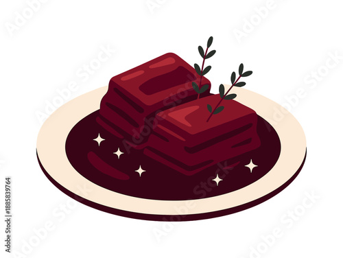 Glossy Braised Short Ribs. Braised short ribs. A plate of glossy short ribs rests in a deep sauce, tiny spark shapes indicating richness. Fresh thyme floats