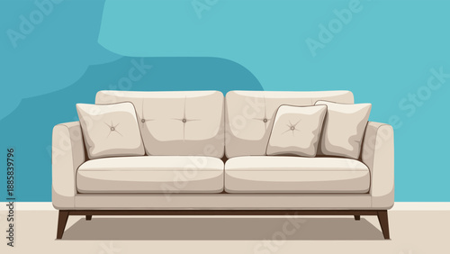 Contemporary living room setup featuring a light beige sofa with matching pillows placed against a solid teal blue colored wall.