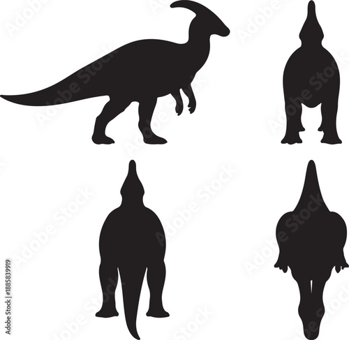 Parasaurolophus Dinosaur Silhouette Vector Set: Detailed Black Isolated Herbivore Prehistoric Animal Profile and Multiple Perspective Views for Education, Graphic Design, and Kids' Projects.