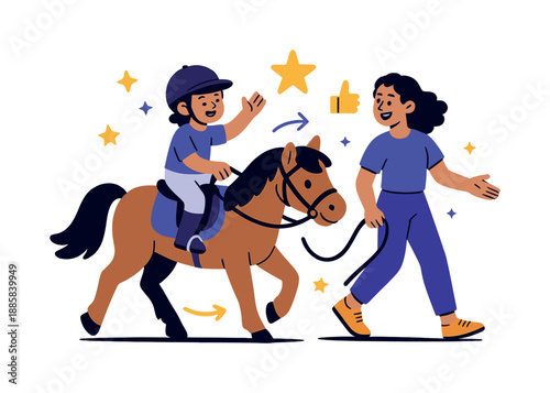Joyful Pony Lesson. Riding lesson. A child on a pony receives guidance from a smiling instructor, with encouraging icons like stars and thumbs-up floating