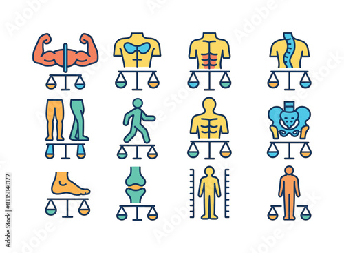 Musculoskeletal Balance Icons. Musculoskeletal balance. Colorful isometric vector icons set of musculoskeletal balance: muscle pair symmetry, shoulder girdle