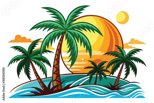 Animated tropical island shows palm trees with ocean waves against a bright yellow sunset