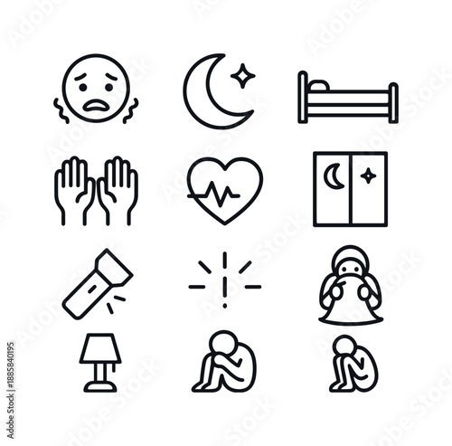 Nighttime Anxiety Icons. Nighttime anxiety. Line icon set of nighttime anxiety: anxious face, moon icon, stars, bed silhouette, shaking arms, heart racing