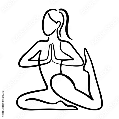 Dibujo sencillo con línea continua de una mujer sentada en una posición de yoga